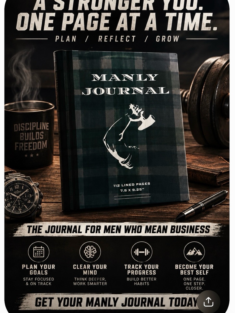 MANLY JOURNAL - Men's Goal & Progress Lined Journal (Dark Green Plaid)